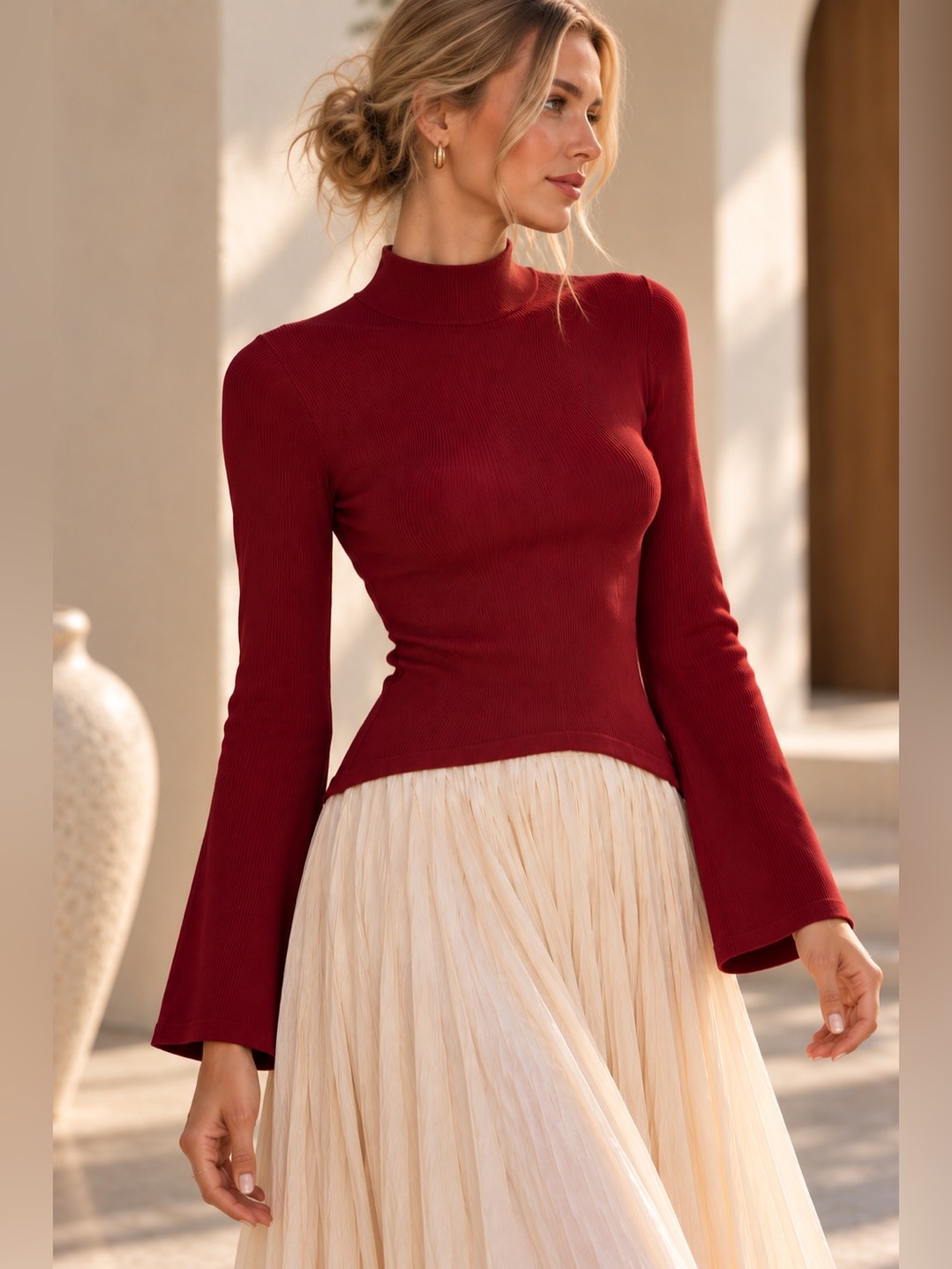 Gorgeous Tuckernuck x Moon River Burgundy and Cream Shirred Mock Neck Dress - Picture 2 of 5